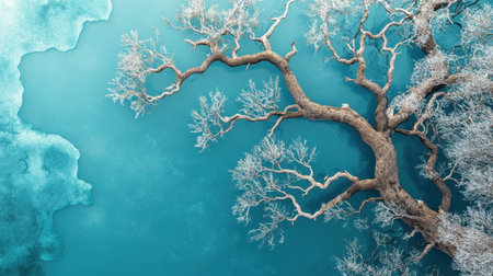 A stunning aerial shot showcases intricate branches of a leafless tree extending over tranquil turquoise water with hints of ice, creating a serene winter scene.の素材