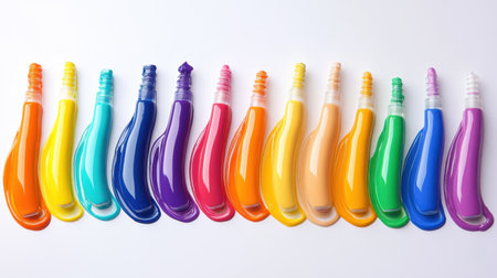 A striking arrangement of colorful liquid paint bottles in various hues creates a vibrant visual display, perfect for any art enthusiast or creative project.の素材