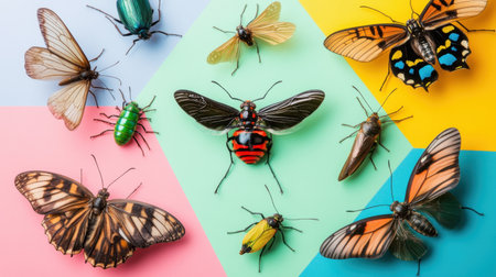 Explore a vibrant assortment of insects, including various butterflies and beetles, arranged creatively against colorful geometric backgrounds.の素材