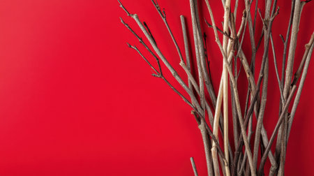 A carefully arranged collection of organic sticks and twigs set against a vibrant red background, perfect for nature-inspired decor and design themes.の素材