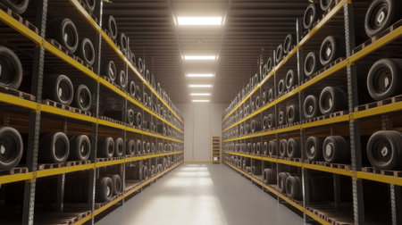 A spacious warehouse interior showcasing neatly arranged shelves filled with tires. Bright overhead lighting enhances the organized setup for automotive storage.の素材