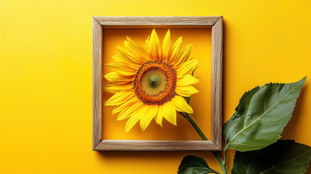 This stunning image features a vibrant sunflower artfully framed against a bold yellow background, highlighting nature's intricate details and beauty.の素材