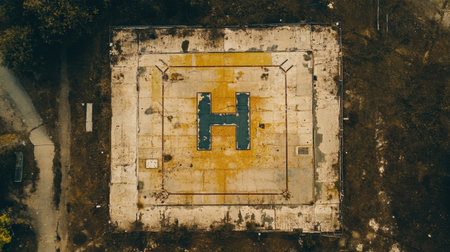 This aerial photograph showcases an abandoned helipad with a prominent yellow "H" marking. The surrounding landscape is overgrown, highlighting the contrast between nature and decaying infrastructure.の素材