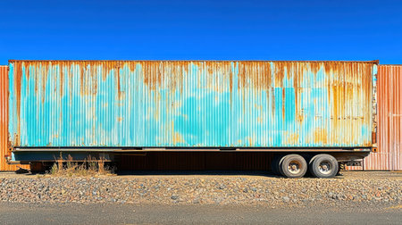 A rusty and weathered shipping container resting on a trailer, showcasing vibrant blue and orange tones under a clear blue sky in a desert setting.の素材