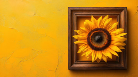 A stunning sunflower displayed within a wooden frame set against a bright yellow background. This captivating image offers a unique blend of art and nature, perfect for decoration or social media posts.の素材