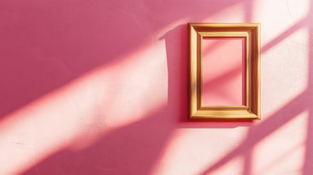 A striking image of an empty gold frame on a soft pink wall, enhanced by beautiful light and shadow patterns. Perfect for creative projects and home decor inspiration.の素材