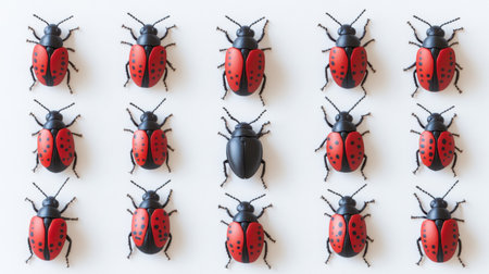 This vibrant image features a collection of cartoon ladybugs with striking red shells and a contrasting black beetle, ideal for nature themes.の素材