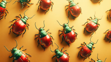 This captivating image features colorful beetles with vibrant red and green hues on a golden background, showcasing intricate details and textures perfect for nature themes.の素材