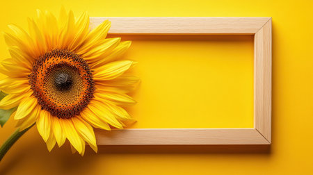 A vivid sunflower rests next to a wooden frame on a bright yellow background, capturing the essence of summer beauty and creativity in a delightful composition.の素材