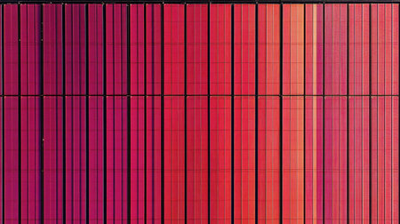 This striking image features a vibrant gradient color spectrum showcasing a range of red and pink shades in horizontal stripes. The dynamic pattern creates an eye-catching visual, perfect for art, design, or creative projects.の素材