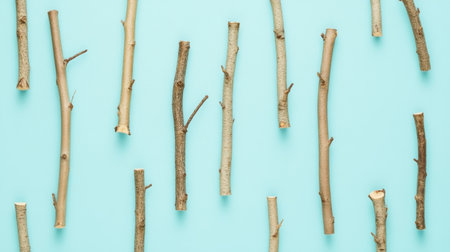 Collection of natural wooden sticks arranged on a soft blue background, perfect for use in various craft and design projects, showcasing textures and patterns.の素材