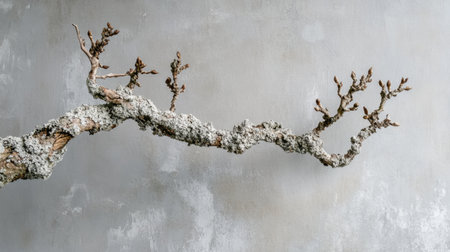 A striking bare tree branch featuring new buds stretches across a textured gray background, perfect for creative projects focusing on nature and renewal.の素材