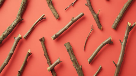A collection of natural branches and twigs arranged on a vibrant red background, showcasing unique textures and earthy tones for creative and artistic projects.の素材