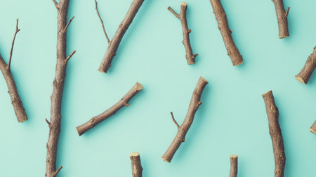 A captivating arrangement of twigs set against a soft blue background. Perfect for showcasing natural elements in design, art projects, or crafting.の素材