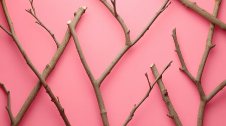 An artistic display of natural branches arranged against a vibrant pink background. This unique composition combines organic texture with modern design, perfect for creative projects.の素材