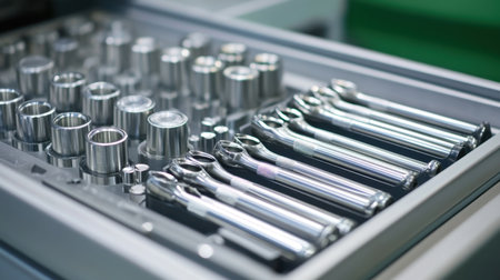 This image showcases a neatly organized drawer filled with high-quality metal socket wrenches, perfect for mechanics and DIY projects. The shining tools reflect precision and reliability, highlighting their importance in various maintenance and repair tasks.の素材
