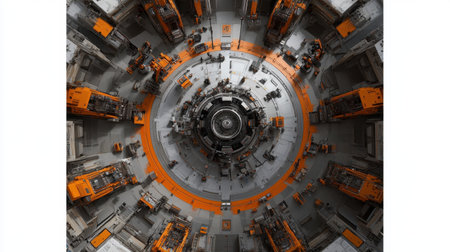 A striking aerial view captures the intricate layout of industrial machinery within a high-tech production facility. The orange accents provide a vivid contrast, highlighting advanced engineering and automated processes.の素材