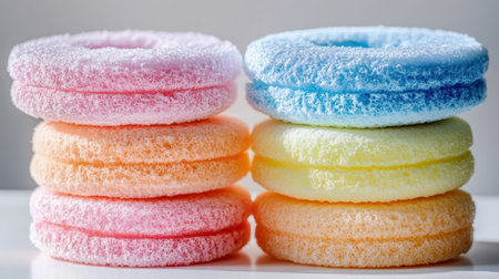 A captivating image of stacked colorful sponges arranged in pastel shades, perfect for adding a touch of whimsy to home cleaning or bathing routines.の素材