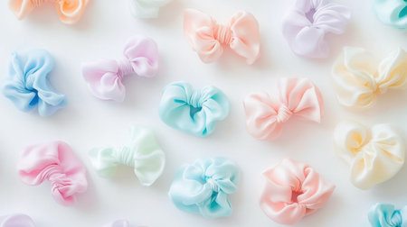 A beautiful arrangement of soft pastel hair bows on a white background. Perfect for highlighting stylish accessories for various occasions.の素材
