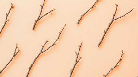 A collection of delicate branches with budding leaves arranged on a soft peach background, perfect for nature-inspired projects and seasonal themes.の素材