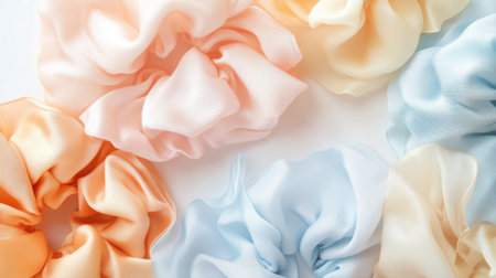 A vibrant collection of soft satin hair scrunchies in pastel shades. Perfect for adding a touch of elegance to any hairstyle or outfit.の素材