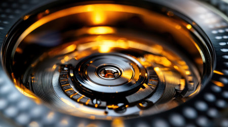 This striking image showcases an abstract close-up of intricate mechanical gears with a brushed metal finish, enhanced by luminous light reflections.の素材