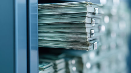 This image showcases a close-up view of neatly organized file folders and stacks of papers in a modern office cabinet. Ideal for themes around organization, business management, and workspace efficiency.の素材