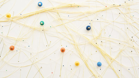 A vibrant arrangement featuring colorful beads intertwined with uncooked pasta strands on a white backdrop, creating an engaging and playful abstract design.の素材