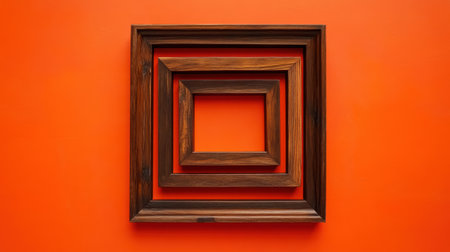 A visually striking image of wooden frames arranged in concentric squares against a bright orange background. Ideal for design projects or art displays.の素材
