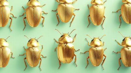 This stunning image features an arrangement of golden beetles on a soft green background, showcasing their shiny surfaces and intricate details. Perfect for nature-inspired designs and artistic projects.の素材
