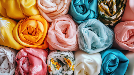 A vibrant and artistic arrangement of rolled scarves featuring a spectrum of colors and patterns. Ideal for fashion illustrations and textile inspirations.の素材