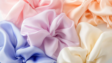 A collection of delicate pastel satin scrunchies in soft shades of pink, blue, lavender, and cream, ideal for adding a touch of elegance to any hairstyle.の素材