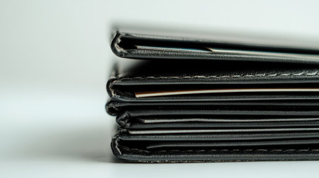 A close-up view of elegantly stacked leather folders, showcasing their quality and design, perfect for adding sophistication to any workspace or study.の素材