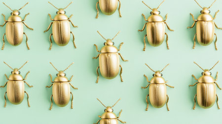 This captivating image showcases a series of golden beetles artistically arranged on a mint green background, perfect for creative projects and design inspiration.の素材