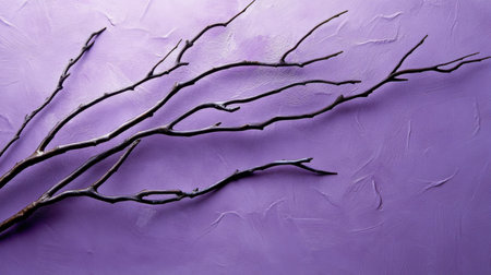 This image features a delicate branch set against a soft purple background, evoking a sense of tranquility and elegance. Perfect for artistic decor.の素材