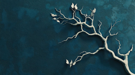 This image features an elegant white tree branch with delicate leaves, set against a deep blue textured background, creating a serene and artistic atmosphere.の素材