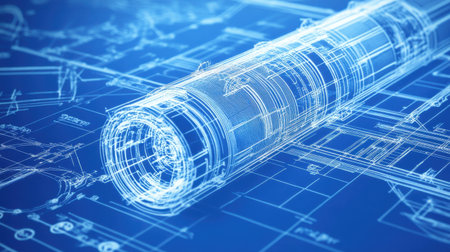 This image depicts a detailed technical blueprint of a modern industrial device, showcasing intricate engineering features and innovative design elements.の素材