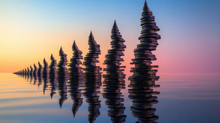 This captivating image features surreal spiral structures reflected in calm waters during twilight, showcasing a vibrant color palette that inspires awe.の素材