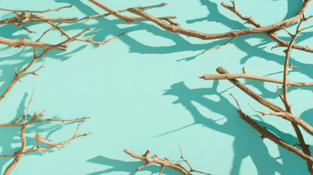 This artistic image features twisted branches surrounded by shadows on a vibrant turquoise background, creating a soothing and minimalistic composition.の素材