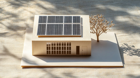 A detailed architectural model showcasing a sustainable house with solar panels and a minimalist tree, perfect for presentations in design and architecture.の素材