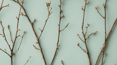 Beautiful arrangement of delicate tree branches with budding flowers set against a soft mint background, representing renewal and the beauty of spring.の素材