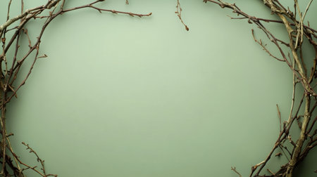 This image features a natural arrangement of twigs forming a circular frame on a soft green background, perfect for artistic or decorative purposes.の素材