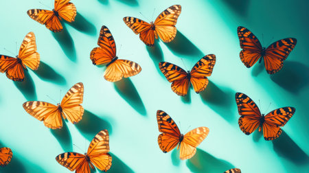 This captivating image showcases a lively arrangement of orange butterflies against a soft blue background, emphasizing their intricate patterns and shadows.の素材