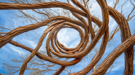 This artistic image captures a mesmerizing view of twisting and spiraling tree branches reaching towards a clear blue sky, showcasing unique textures and forms.の素材
