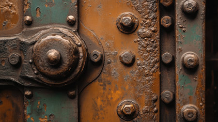 Close-up view of a rusty metal surface featuring weathered bolts and a unique patina. The rich textures and colors tell a story of industrial history.の素材