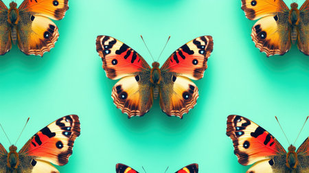 This stunning image features a vibrant pattern of beautifully detailed butterflies on a serene turquoise background. Perfect for nature lovers.の素材