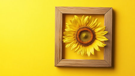 A stunning sunflower sits elegantly within a wooden frame, set against a striking yellow background. This artistic composition evokes warmth, cheer, and nature's beauty, ideal for decorations, design projects, and creative inspirations.の素材