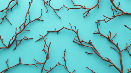 A collection of natural twigs and branches arranged on a striking turquoise background, perfect for creative projects in design and decoration.の素材