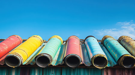 Vibrant and colorful pipes are arranged on a roof, offering a striking contrast against a clear blue sky. This image captures urban aesthetics and industrial charm.の素材