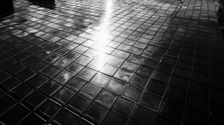 A striking image showcasing glossy black tiles that create captivating reflections. Ideal for contemporary design themes and minimalist decor inspiration.の素材